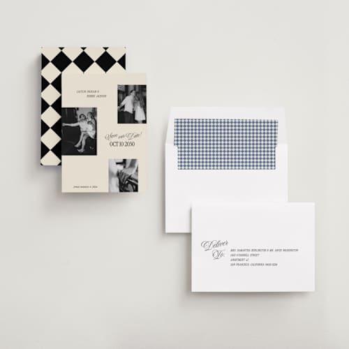 This is a cream save the date with standard by Robert and Stella called saved snaps printing on recycled smooth signature in standard