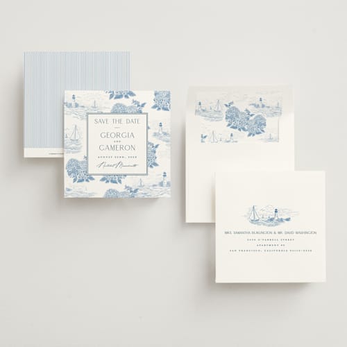 This is a sea save the date with standard by Jenna Holcomb called coastal toile printing on signature in square