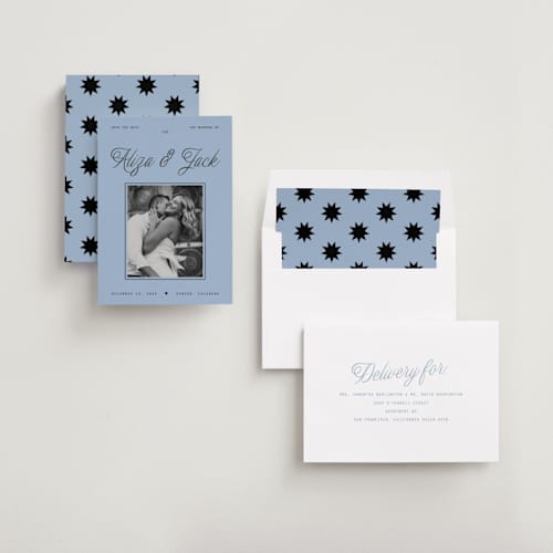This is a sky save the date with standard by Blustery August called cheers printing on recycled smooth signature in standard