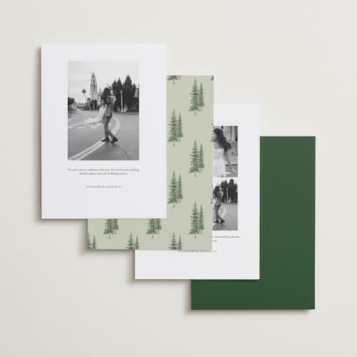 This is a forest save the date with standard by Elly called whispering pines printing on recycled smooth signature in standard