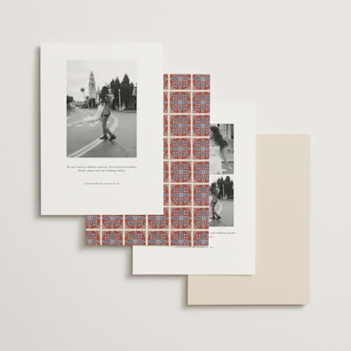 This is a terracotta save the date with standard by Katharine Watson called block print tile printing on signature in standard
