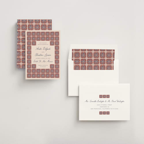 This is a terracotta save the date with standard by Katharine Watson called block print tile printing on signature in standard