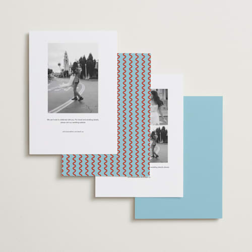 This is a sky save the date with standard by Kelly Watkins called vivid printing on recycled smooth signature in standard