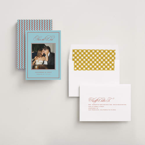 This is a sky save the date with standard by Kelly Watkins called vivid printing on recycled smooth signature in standard