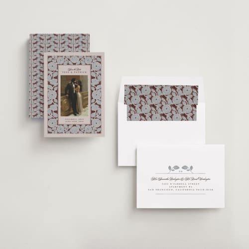 This is a burgundy save the date with standard by Jen Owens called mod meadow printing on recycled smooth signature in standard
