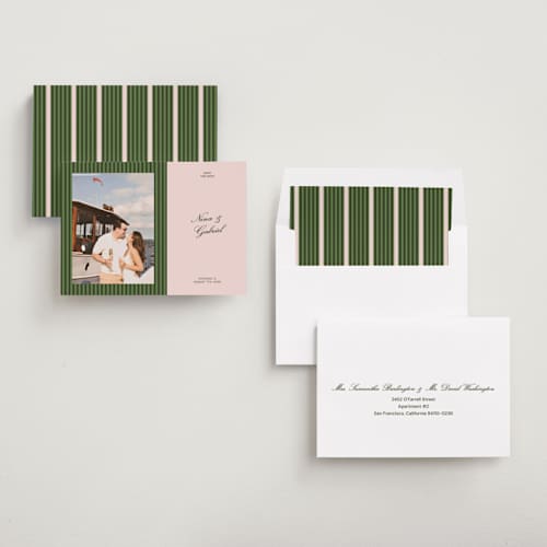 This is a rose save the date with standard by Lottie Aldarwish called the club holiday printing on recycled smooth signature in standard