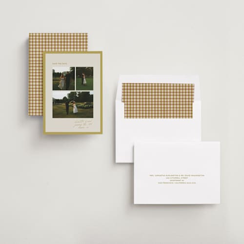 This is a chartreuse save the date with standard by Joanna Griffin called border and collage printing on recycled smooth signature in standard