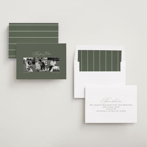 This is a pine save the date with standard by Lea Delaveris called wonder duo printing on recycled smooth signature in standard