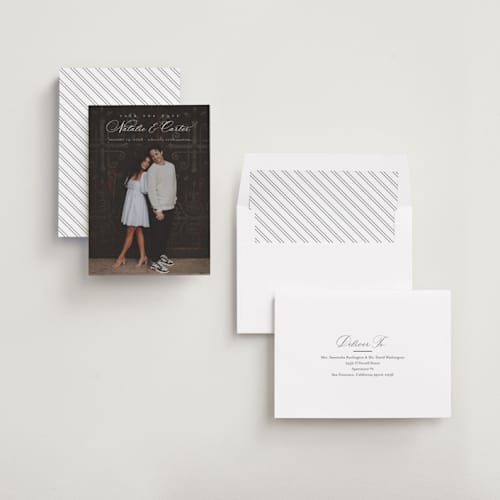 This is a sugar save the date with standard by Jessica Williams called tranquil printing on recycled smooth signature in standard