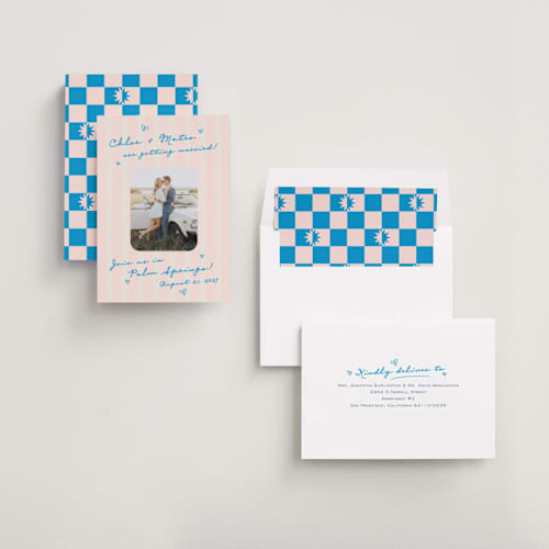 This is a pink grapefruit save the date with standard by Jackie Crawford called the right stripes printing on recycled smooth signature in standard