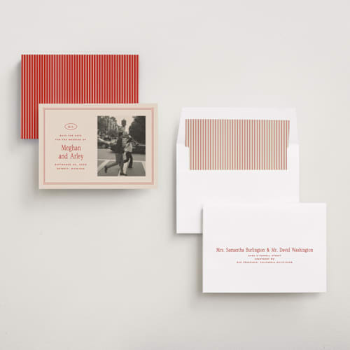 This is a cherry save the date with standard by Ellen Schlegelmilch called cherry printing on recycled smooth signature in standard