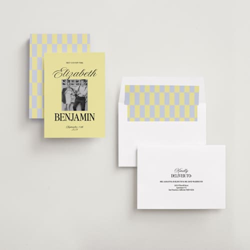 This is a butter save the date with standard by Helena Vitto called the eternal printing on recycled smooth signature in standard
