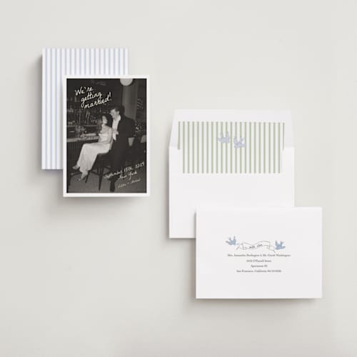 This is a sublime save the date with standard by Helena Vitto called birds of paradise printing on recycled smooth signature in standard