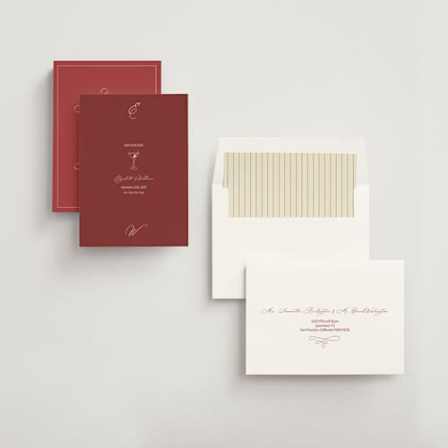 This is a burgundy save the date with standard by Helena Vitto called elizabeth printing on signature in standard