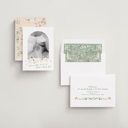 This is a spring save the date with standard by Phrosné Barwood called spring draped garland printing on recycled smooth signature in standard