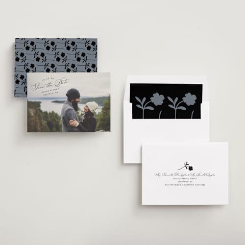 This is a smoke save the date with standard by Morgan Kendall called stamp printing on recycled smooth signature in standard