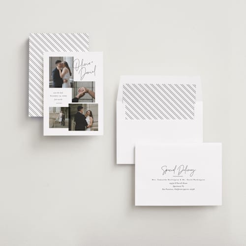 This is a licorice save the date with standard by Jessica Williams called collected gallery printing on signature in standard