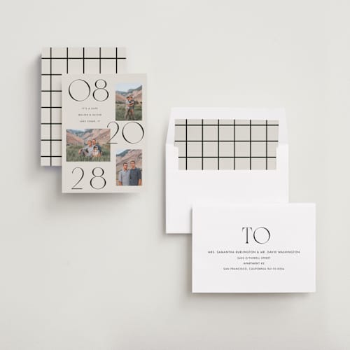 This is a cream save the date with standard by Baumbirdy called delicate date printing on recycled smooth signature in standard