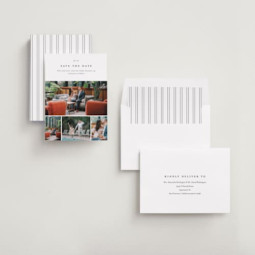 This is a cotton save the date with standard by Stacey Meacham called minimal grid printing on signature in standard