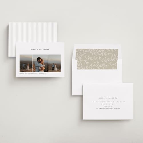 This is a linen save the date with standard by Robert and Stella called trifold printing on recycled smooth signature in standard
