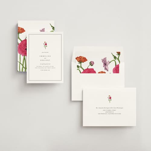 This is a classic save the date with standard by Bramble Studio called formal florals printing on signature in standard