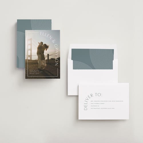This is a snow save the date with standard by Lauren Chism called take shape printing on recycled smooth signature in standard