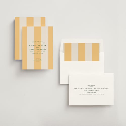 This is a sorbetto save the date with standard by Megan Davis called campania printing on signature in 5x7
