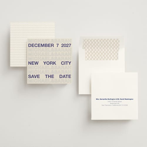This is a cream save the date with standard by Cleghorn Creative called be there or be square printing on signature in square