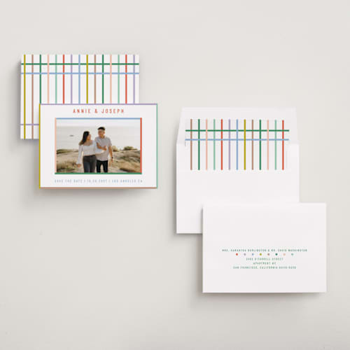 This is a candy save the date with standard by Kelly Watkins called color frame printing on recycled smooth signature in standard