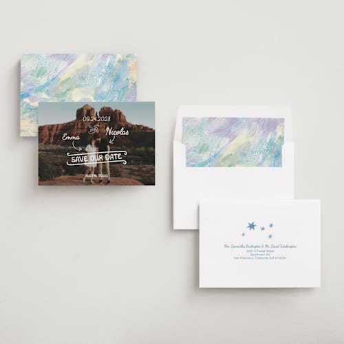 This is a morning save the date with standard by Helena Vitto called love lettering printing on recycled smooth signature in standard