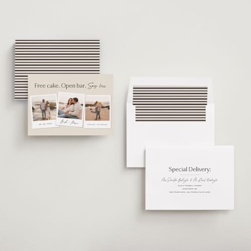 This is a almond save the date with standard by Stephanie Hawkes called say less printing on recycled smooth signature in standard