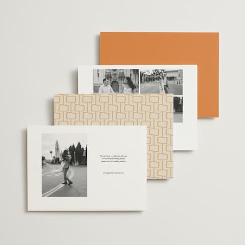 This is a sunset save the date with standard by Ashley Bird called a retro save the date printing on recycled smooth signature in standard
