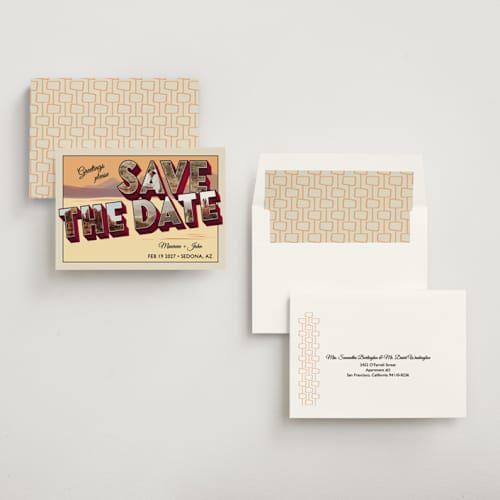 This is a sunset save the date with standard by Ashley Bird called a retro save the date printing on recycled smooth signature in standard