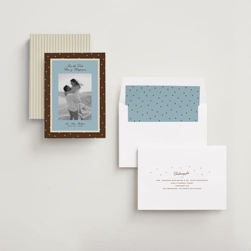 This is a coffee save the date with standard by Ellen Schlegelmilch called festive polka printing on recycled smooth signature in standard