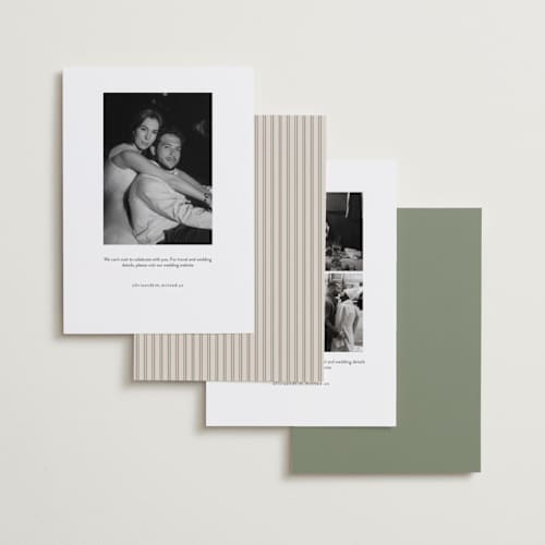 This is a sage save the date with standard by Sierra Lee called post printing on recycled smooth signature in standard