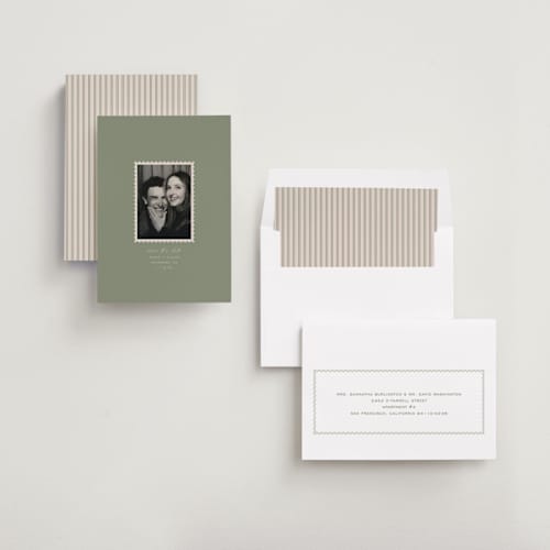 This is a sage save the date with standard by Sierra Lee called post printing on recycled smooth signature in standard