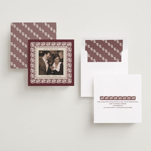 This is a wine save the date with standard by Heather Schertzer called vintage doily printing on recycled smooth signature in standard