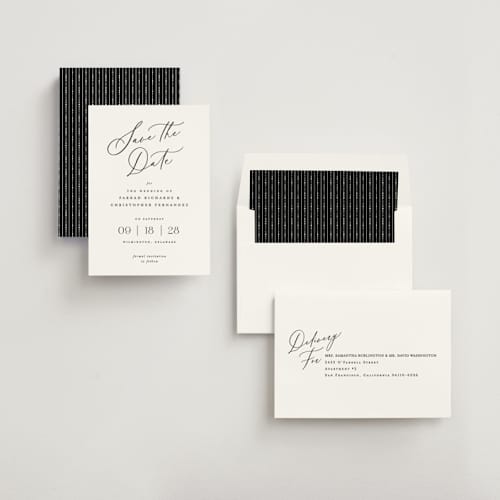 This is a pearl save the date with standard by Hooray Creative called beautifully scripted printing on signature in standard