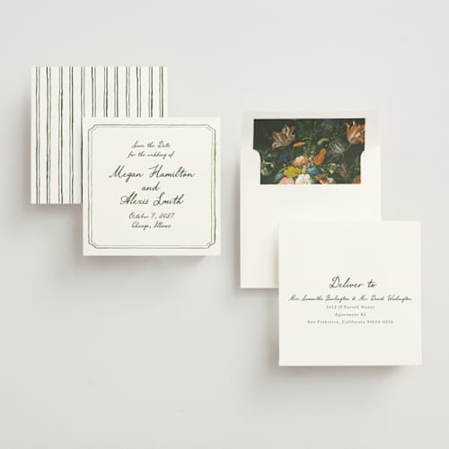 This is a moss save the date with standard by Cass Loh called handwritten printing on signature in square