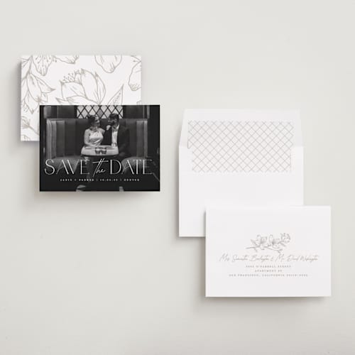 This is a pearl save the date with standard by Jessica Corliss called simple elegance printing on recycled smooth signature in standard
