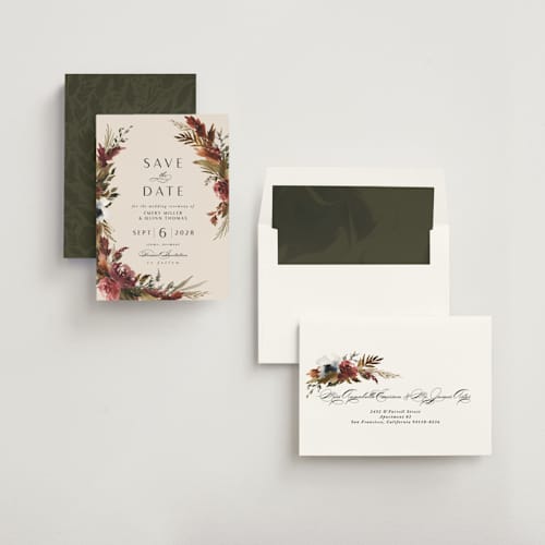 This is a autumn save the date with standard by Kate Ahn called poetique printing on signature in standard