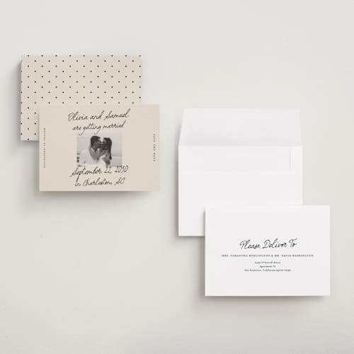 This is a linen save the date with standard by Kercia Jane called written in love printing on recycled smooth signature in grand