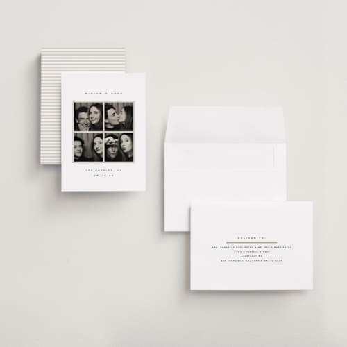This is a powder save the date with standard by Emily Sabol Goss called snapped moments printing on recycled smooth signature in grand