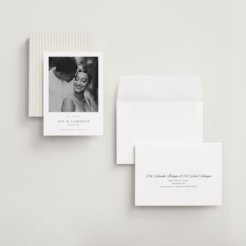 This is a onyx save the date with standard by Jennifer Postorino called simple elegance printing on recycled smooth signature in grand