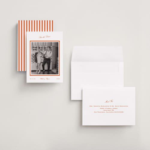 This is a orange peel save the date with standard by Megan Davis called miro printing on recycled smooth signature in grand