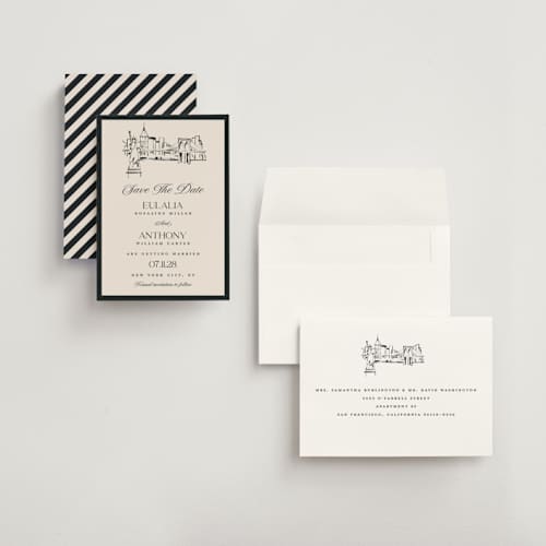 This is a halo save the date with standard by Teju Reval called nyc skyline printing on signature in grand