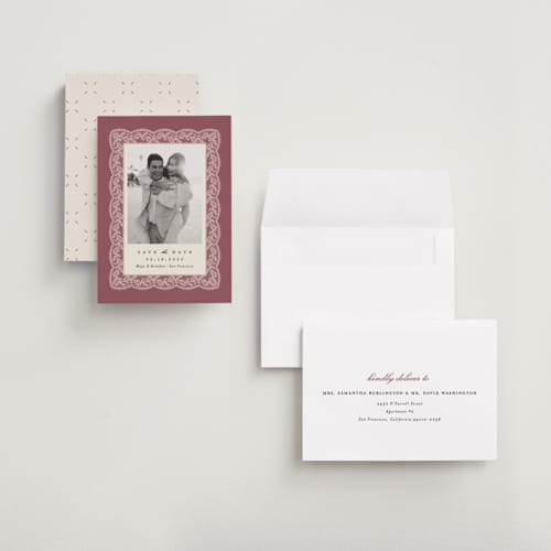This is a mauve save the date with standard by Erica Krystek called chantilly printing on recycled smooth signature in grand