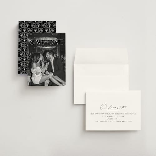 This is a pearl save the date with standard by Brooke Chandler called elegant fete printing on recycled smooth signature in grand