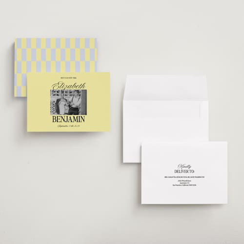 This is a butter save the date with standard by Helena Vitto called the eternal printing on recycled smooth signature in grand