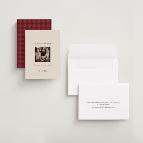 This is a burgundy save the date with standard by Ani Somi called center cut printing on recycled smooth signature in grand